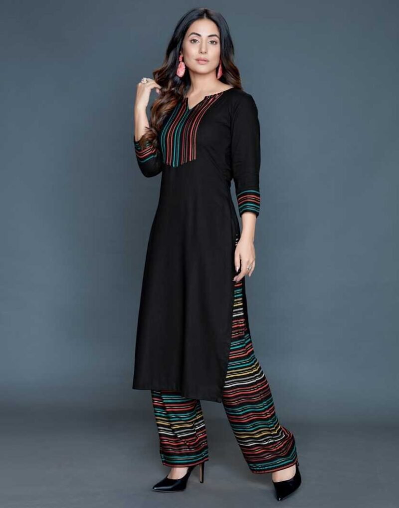 Women Striped, Printed, Embellished Rayon Straight Kurta